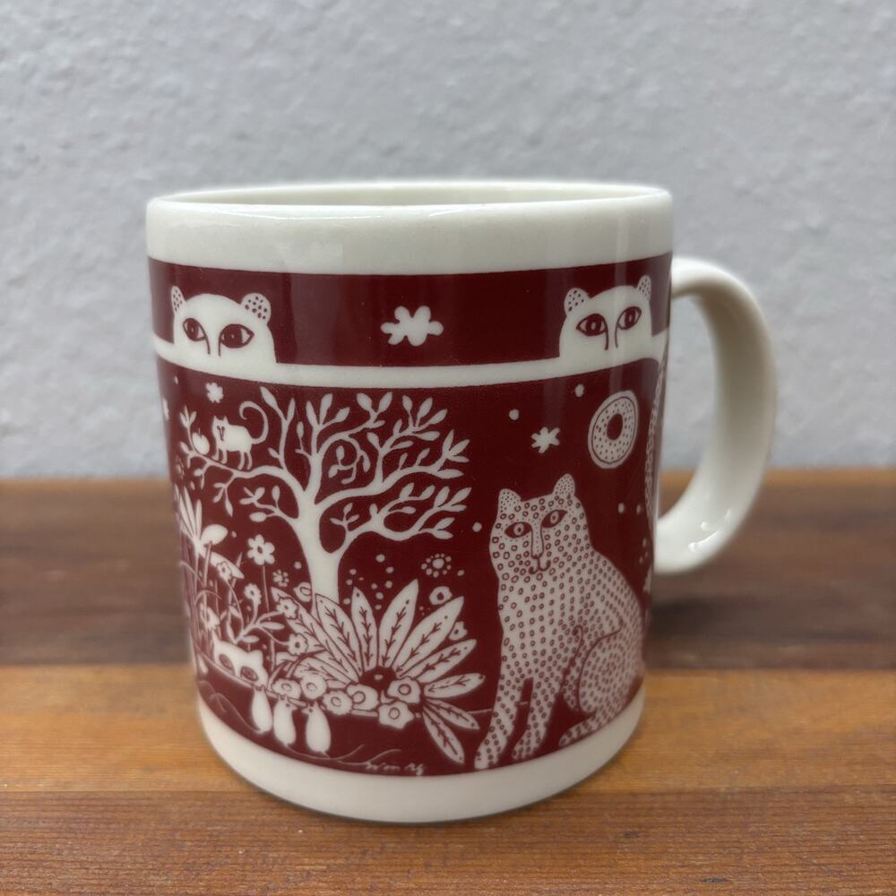 Vintage 1978 Taylor & Ng Jungle Cats Lion Leopard & Mice Maroon Cup Mug